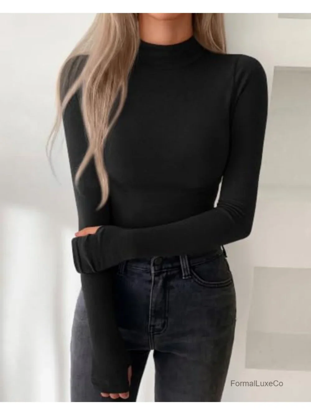 Turtleneck Thumbhole Long Sleeve Shirt - Lightweight Fleece Lining Slim Fit